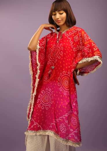 Red And Pink Shaded Kaftan Suit In Georgette With Real Bandhani And Gotta Patti Work