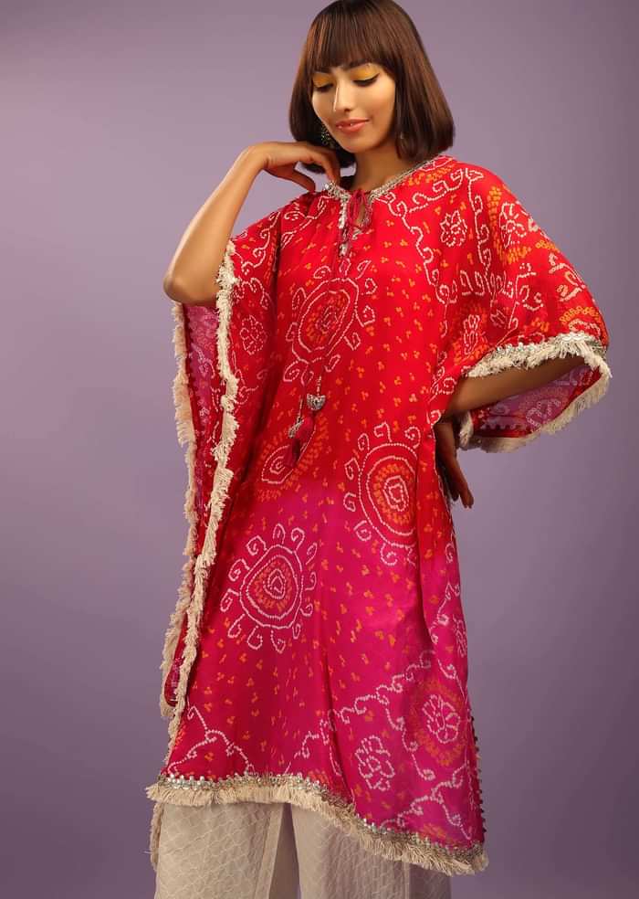 Red And Pink Shaded Kaftan Suit In Georgette With Real Bandhani And Gotta Patti Work