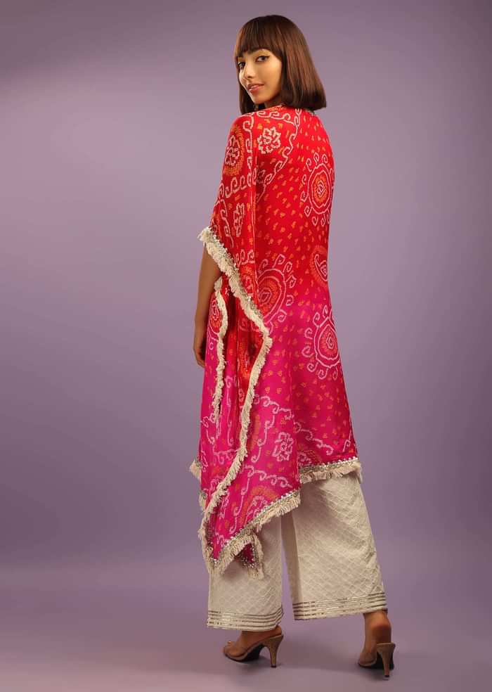 Red And Pink Shaded Kaftan Suit In Georgette With Real Bandhani And Gotta Patti Work