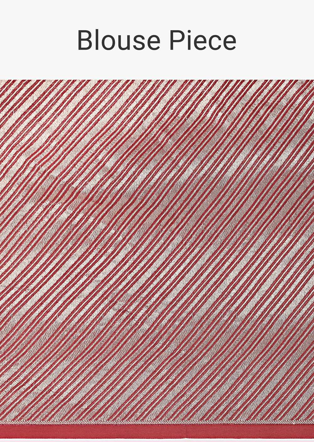 Red And Silver Striped Chanderi Tissue Saree With Pipe Finish Stitched Blouse