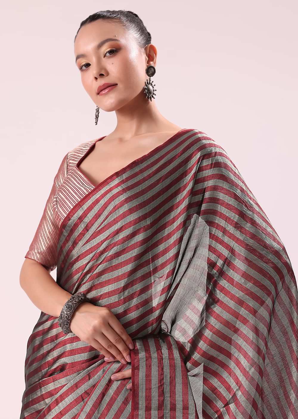 Red And Silver Striped Chanderi Tissue Saree With Pipe Finish Stitched Blouse