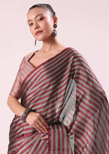 Red And Silver Striped Chanderi Tissue Saree With Pipe Finish Stitched Blouse