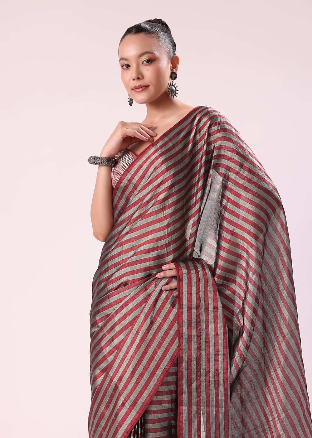 Red And Silver Striped Chanderi Tissue Saree With Pipe Finish Stitched Blouse