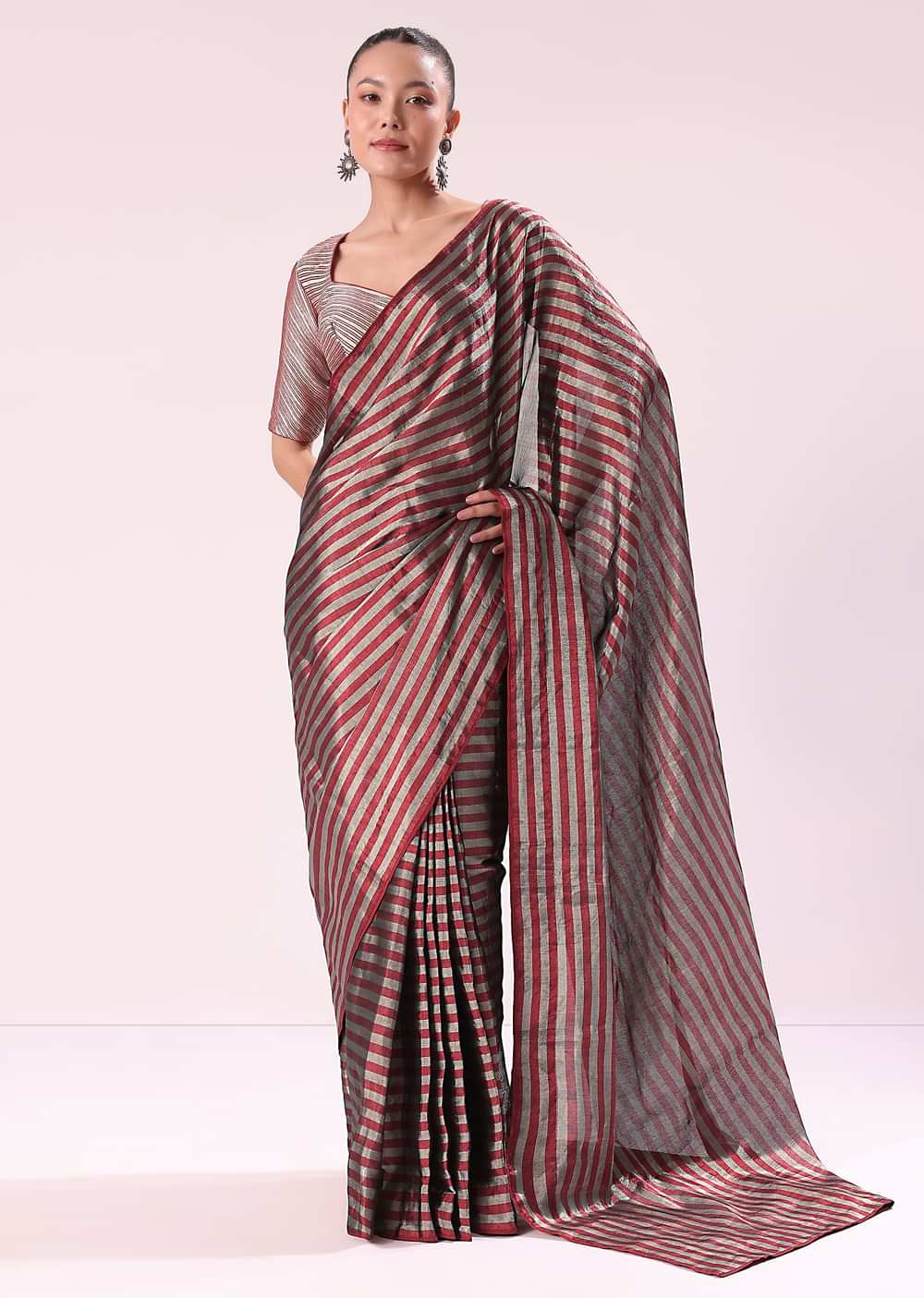 Red And Silver Striped Chanderi Tissue Saree With Pipe Finish Stitched Blouse