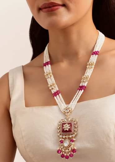 Red And White Mix Metal Kundan Necklace Set