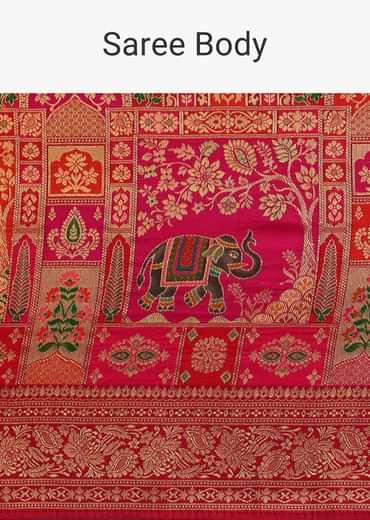 Red Banarasi Bandhani Satin Saree With Traditional Brocade Motifs On Border