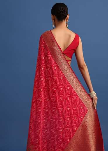 Red Banarasi Bandhani Satin Saree With Traditional Brocade Motifs On Border