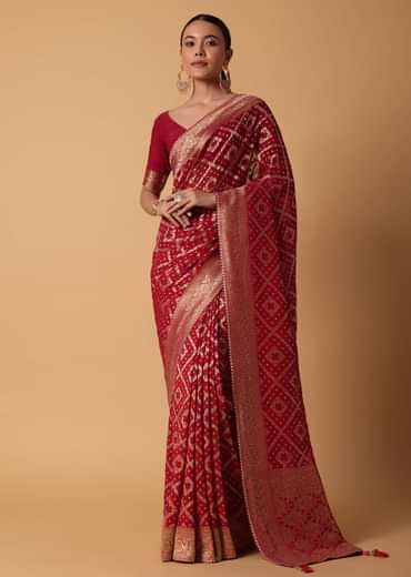 Red Banarasi Georgette Saree With Bandhani Weave And Unstitched Blouse Piece