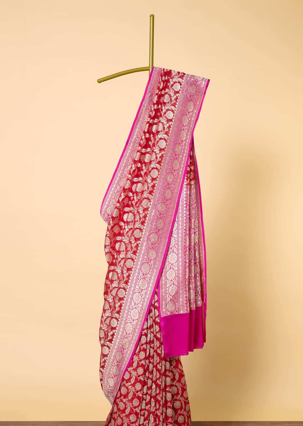 Red Banarasi Khaddi Saree With Floral Zari Jaal All Over