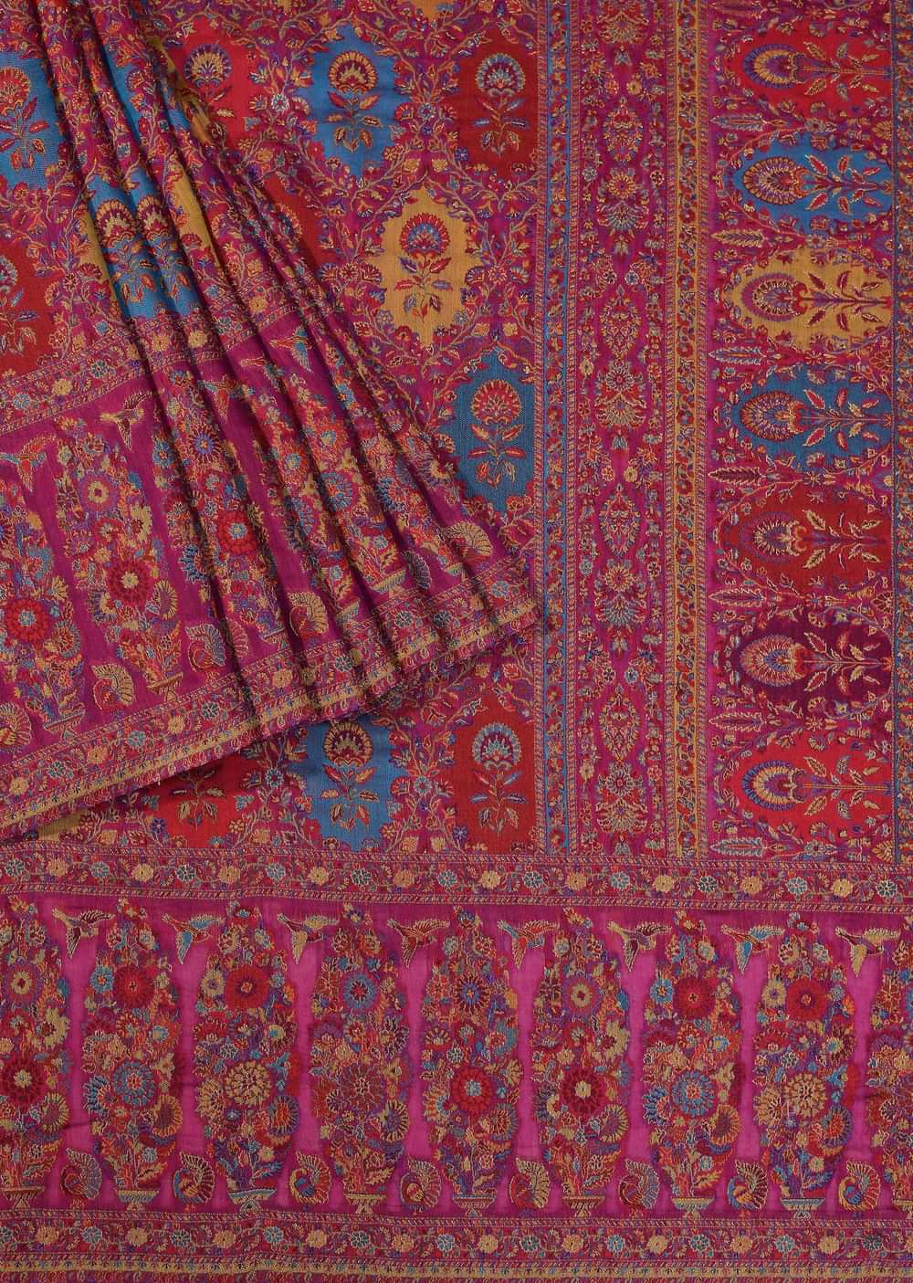 Red Banarasi Pashmina Saree And Unstitched Blouse Piece