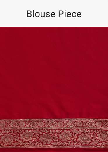 Red Banarasi Silk Saree With Woven Floral Motifs And Unstitched Blouse Piece