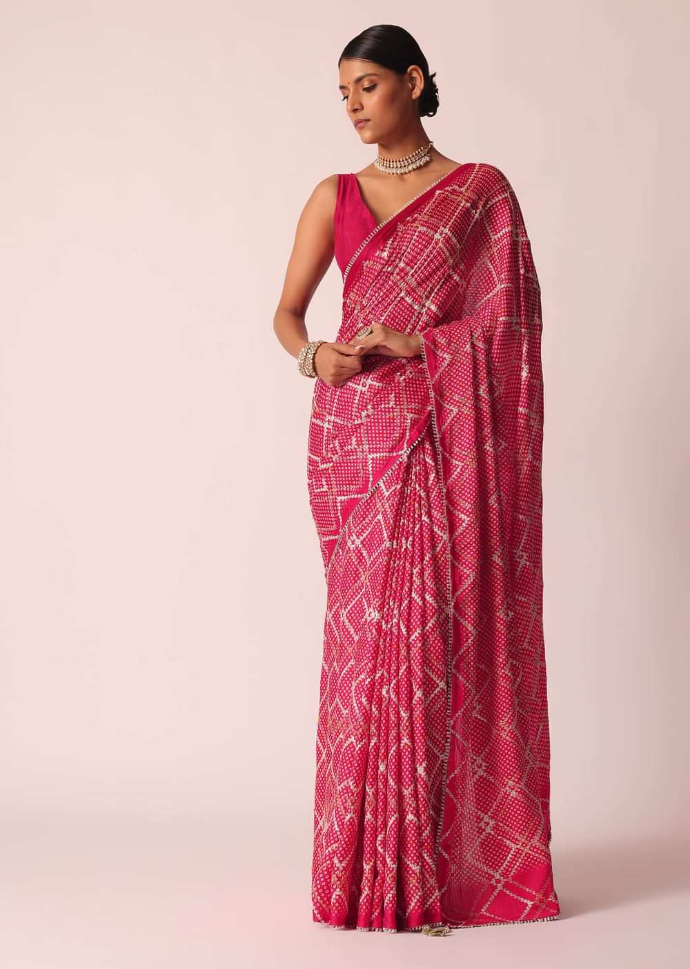 Red Bandhani Print Saree With Gota Patti And Unstitched Blouse Piece