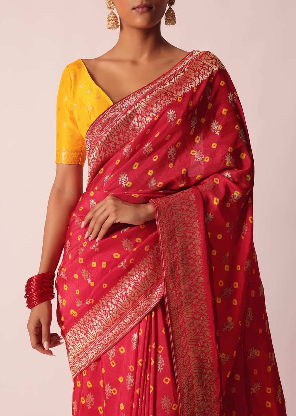 Red Bandhani Saree In Silk With Unstitched Blouse Piece