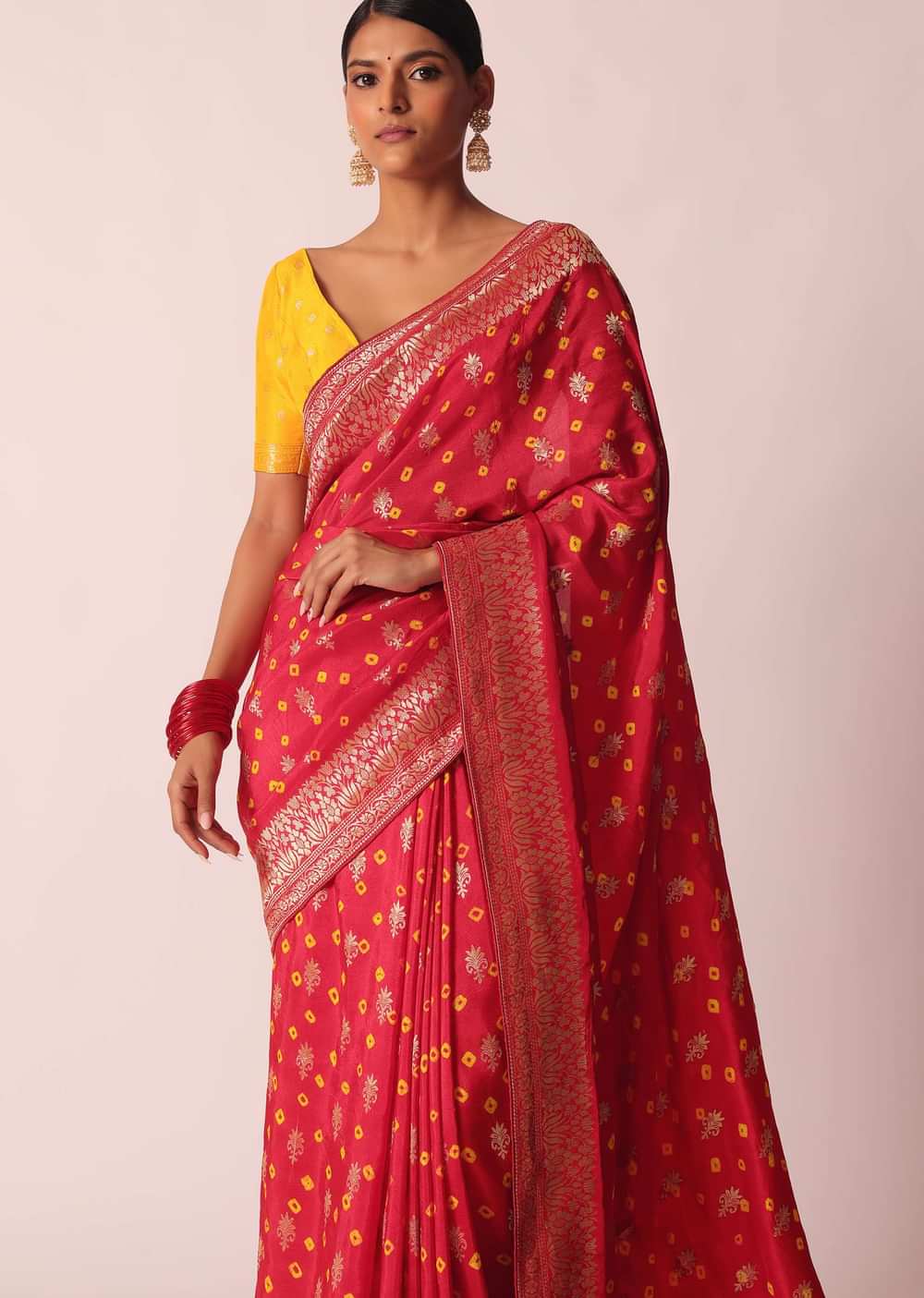 Red Bandhani Saree In Silk With Unstitched Blouse Piece