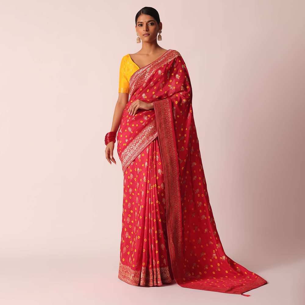 Red Bandhani Saree In Silk With Unstitched Blouse Piece