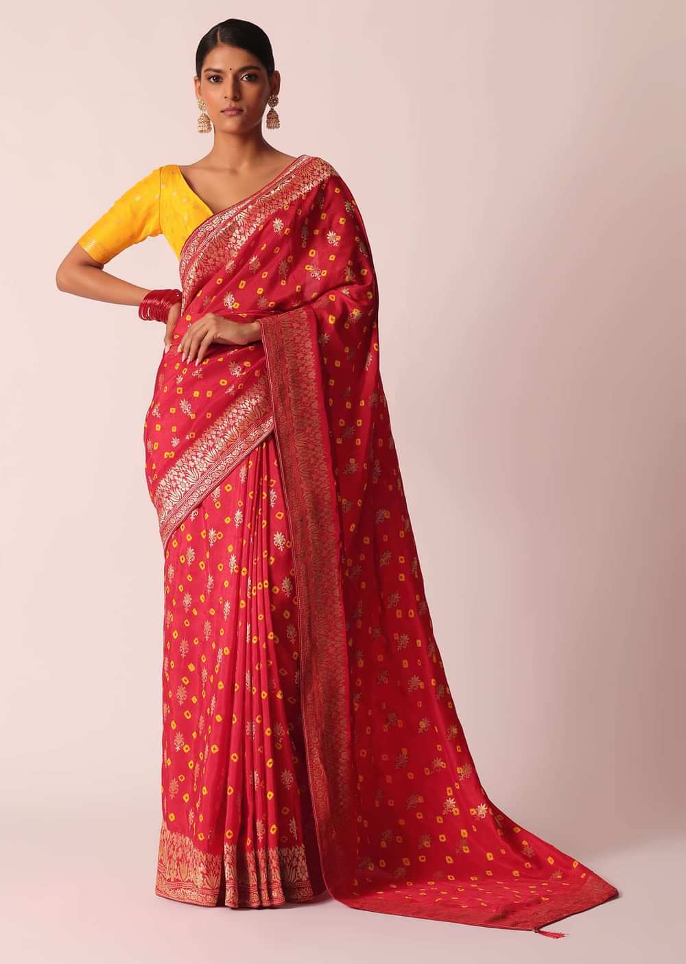 Red Bandhani Saree In Silk With Unstitched Blouse Piece