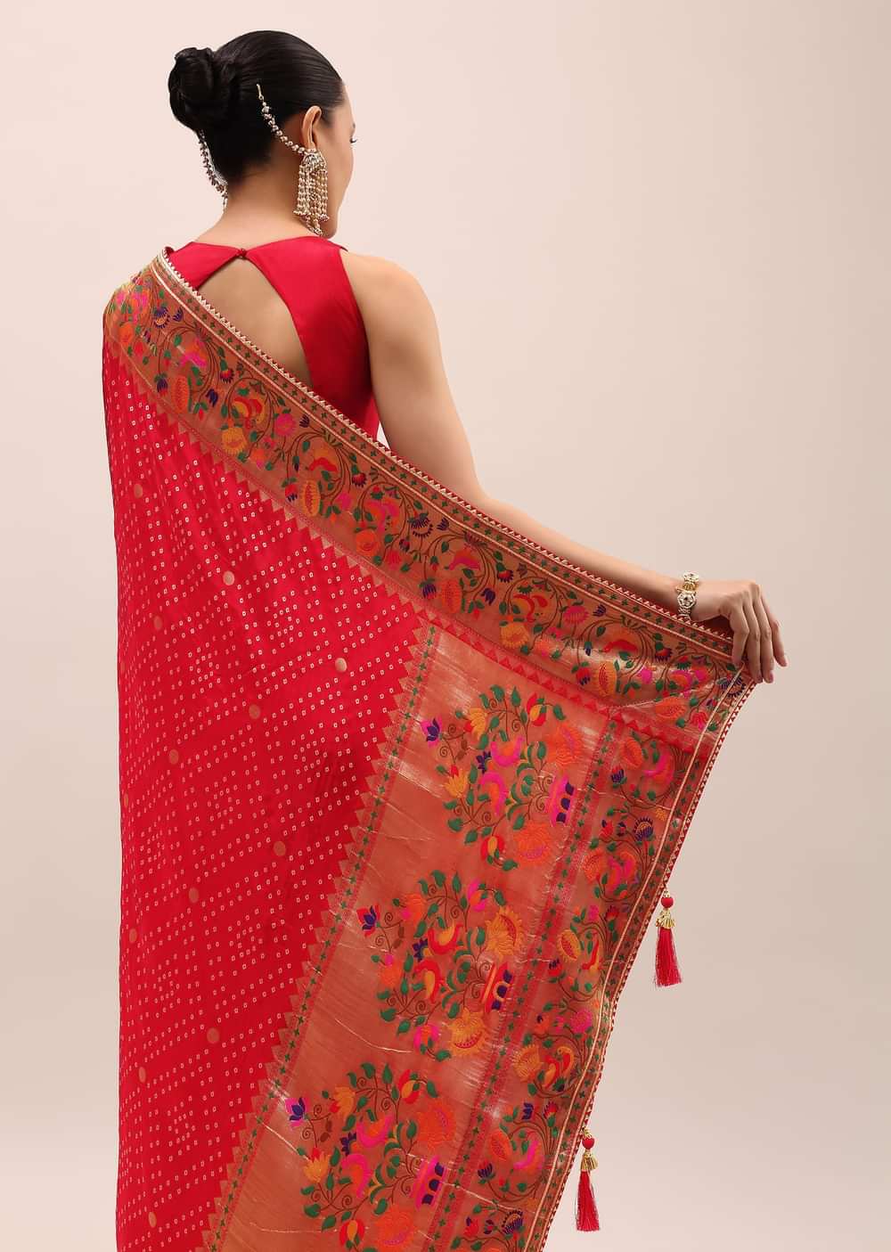 Red Bandhani Silk Saree With Unstitched Blouse