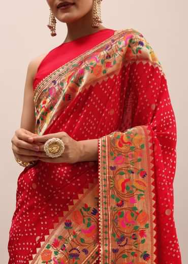 Red Bandhani Silk Saree With Unstitched Blouse
