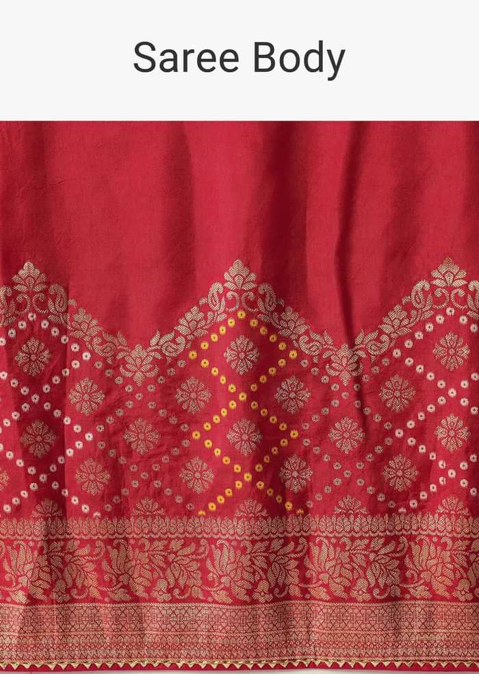 Red Bandhani Weave Saree In Silk With Unstitched Blouse Piece