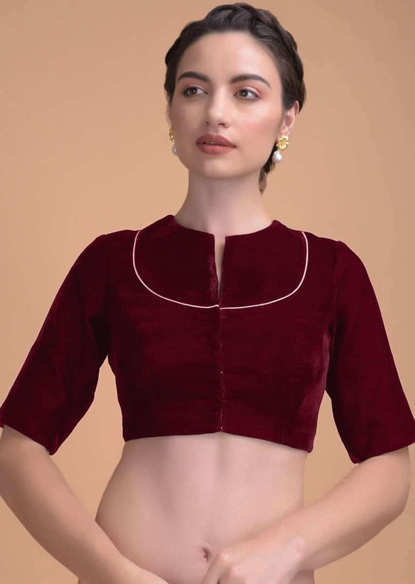 Red Blouse In Velvet With A Zari Lace Defining The Neckline