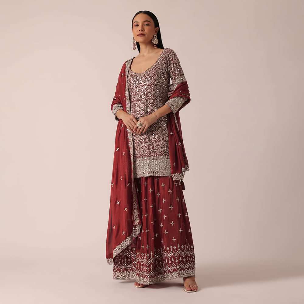Red Chanderi Kurta Palazzo Set With Sequin Work