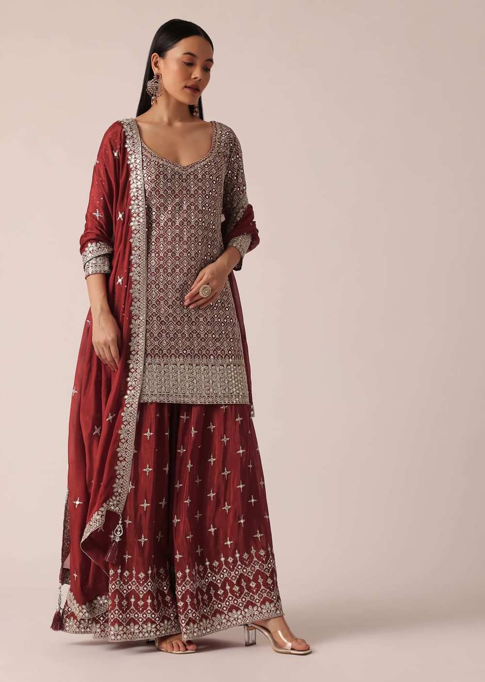 Red Chanderi Kurta Palazzo Set With Sequin Work