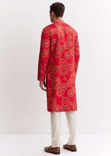 Red Chanderi Printed Kurta Set With Sequins Embroidery