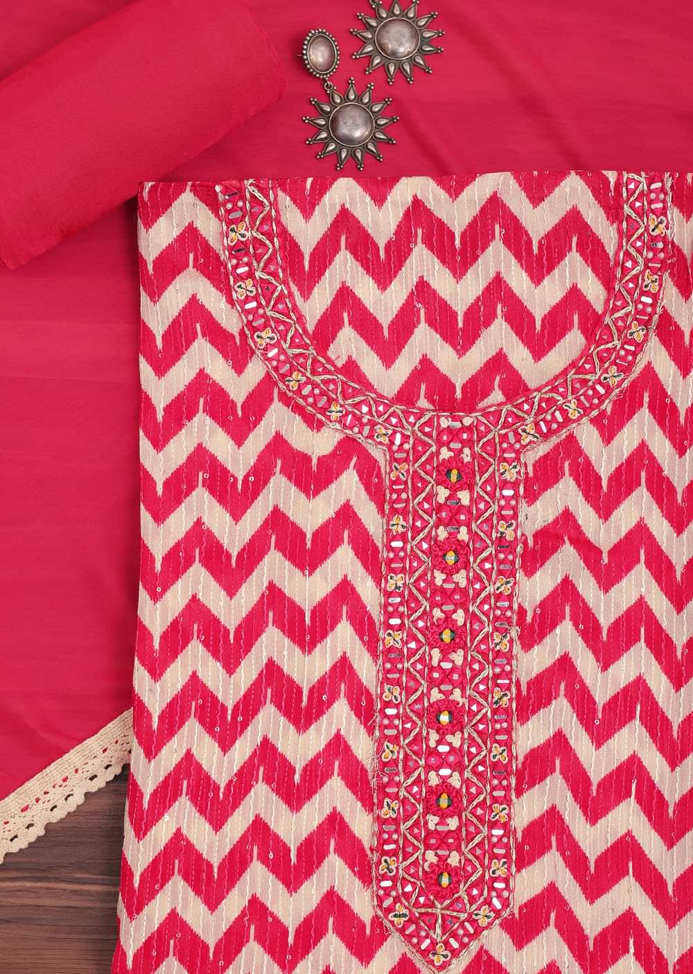 Red Chevron Printed Georgette Dress Material
