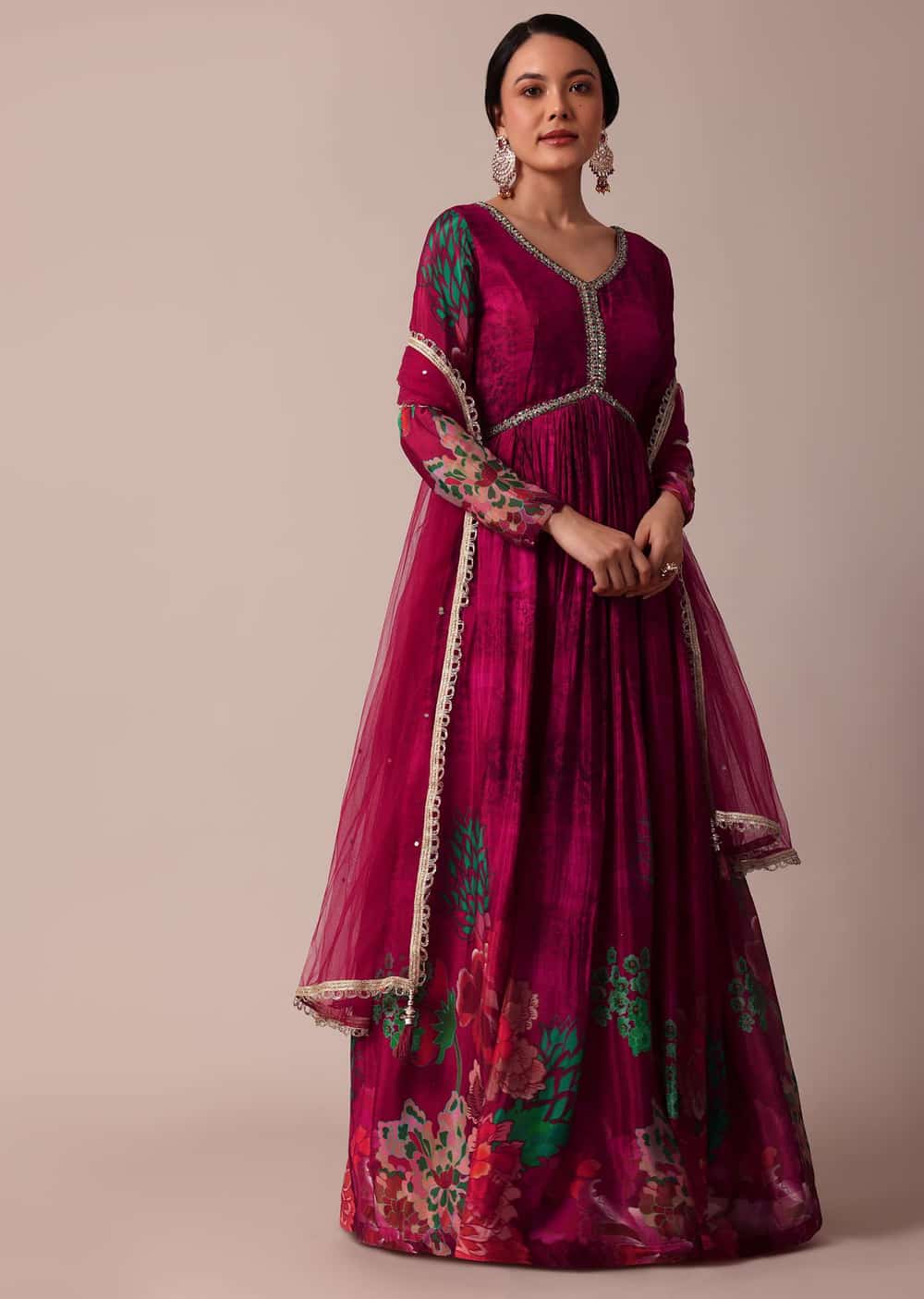 Red Chiffon Anarkali Set With Cutdana Work