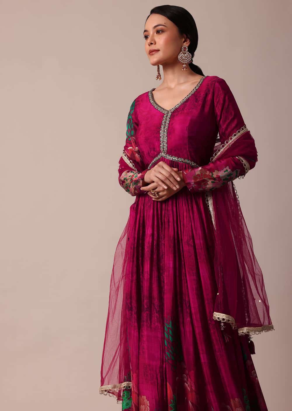Red Chiffon Anarkali Set With Cutdana Work