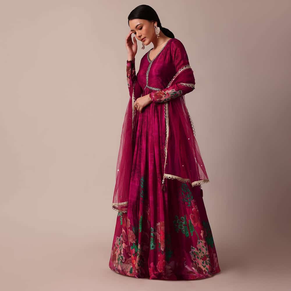 Red Chiffon Anarkali Set With Cutdana Work