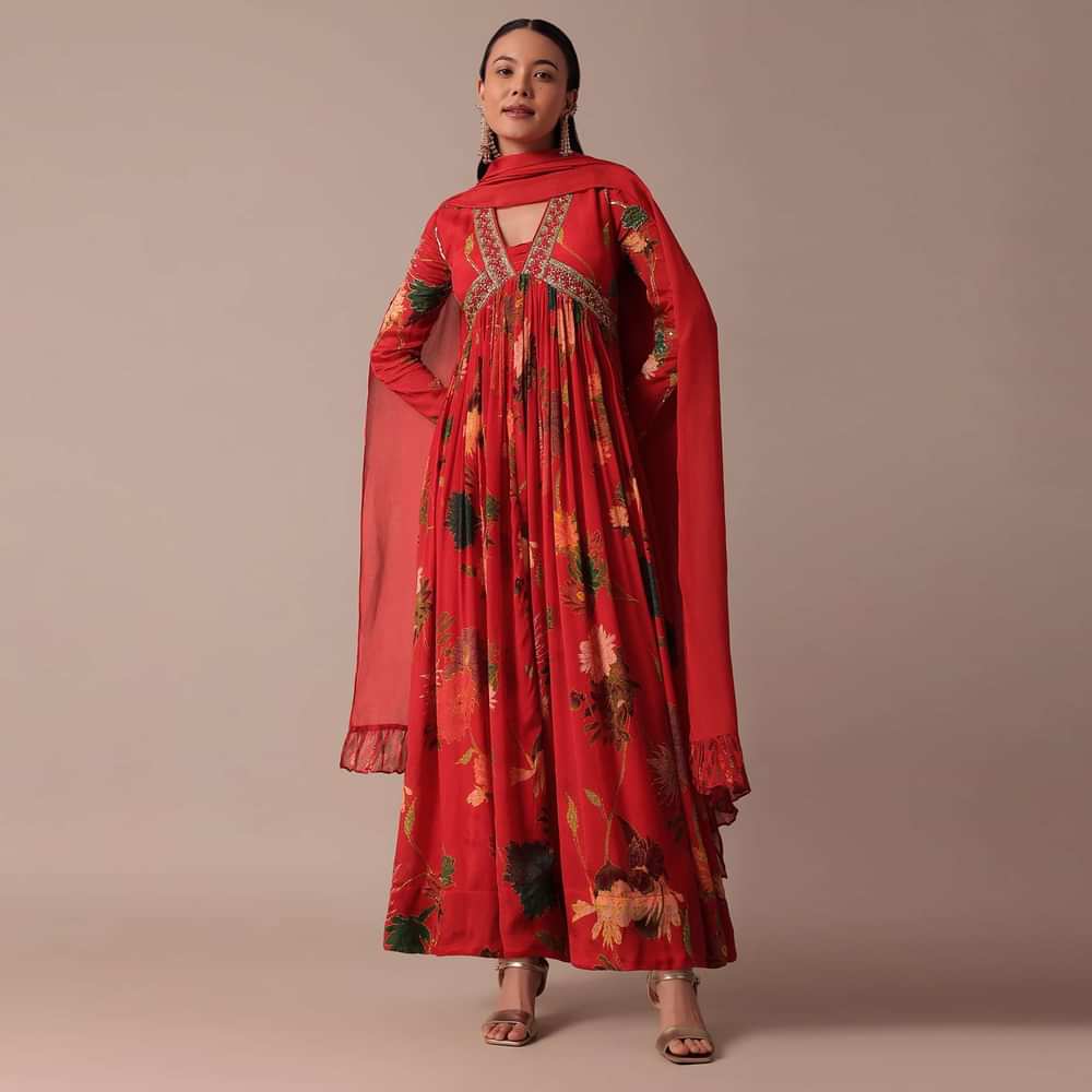 Red Chiffon Embroidered Anarkali With Dupatta