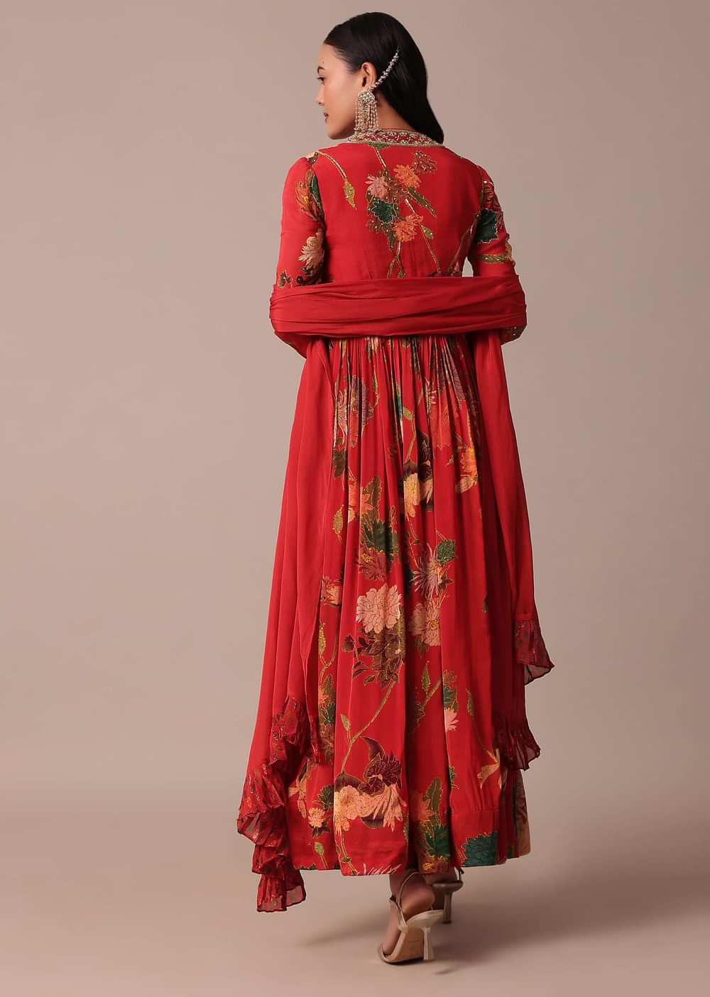 Red Chiffon Embroidered Anarkali With Dupatta