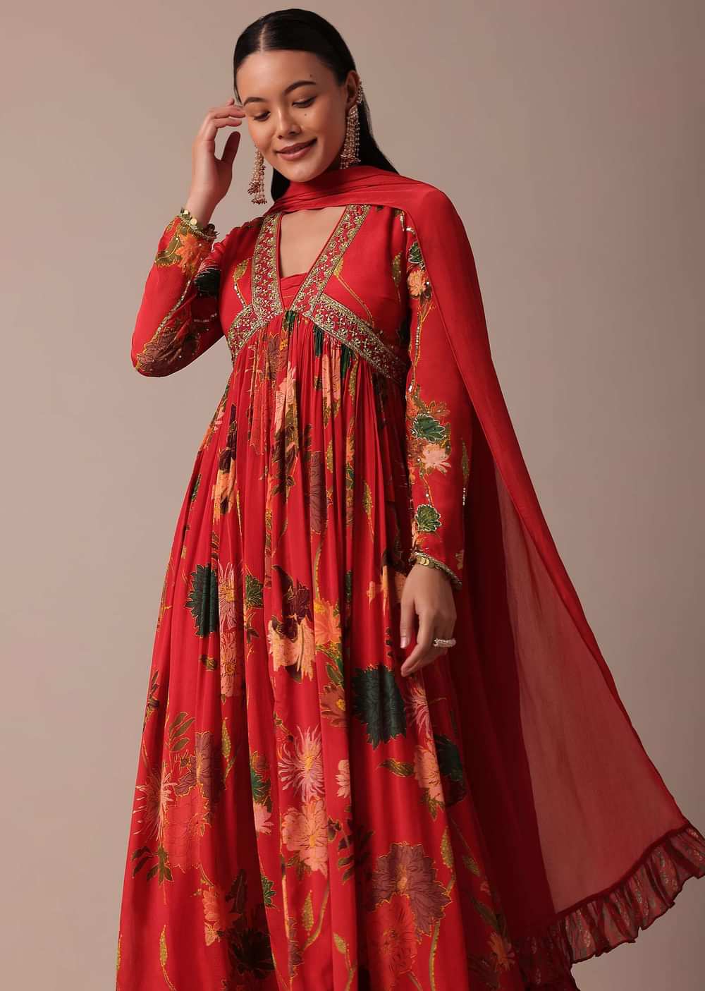 Red Chiffon Embroidered Anarkali With Dupatta