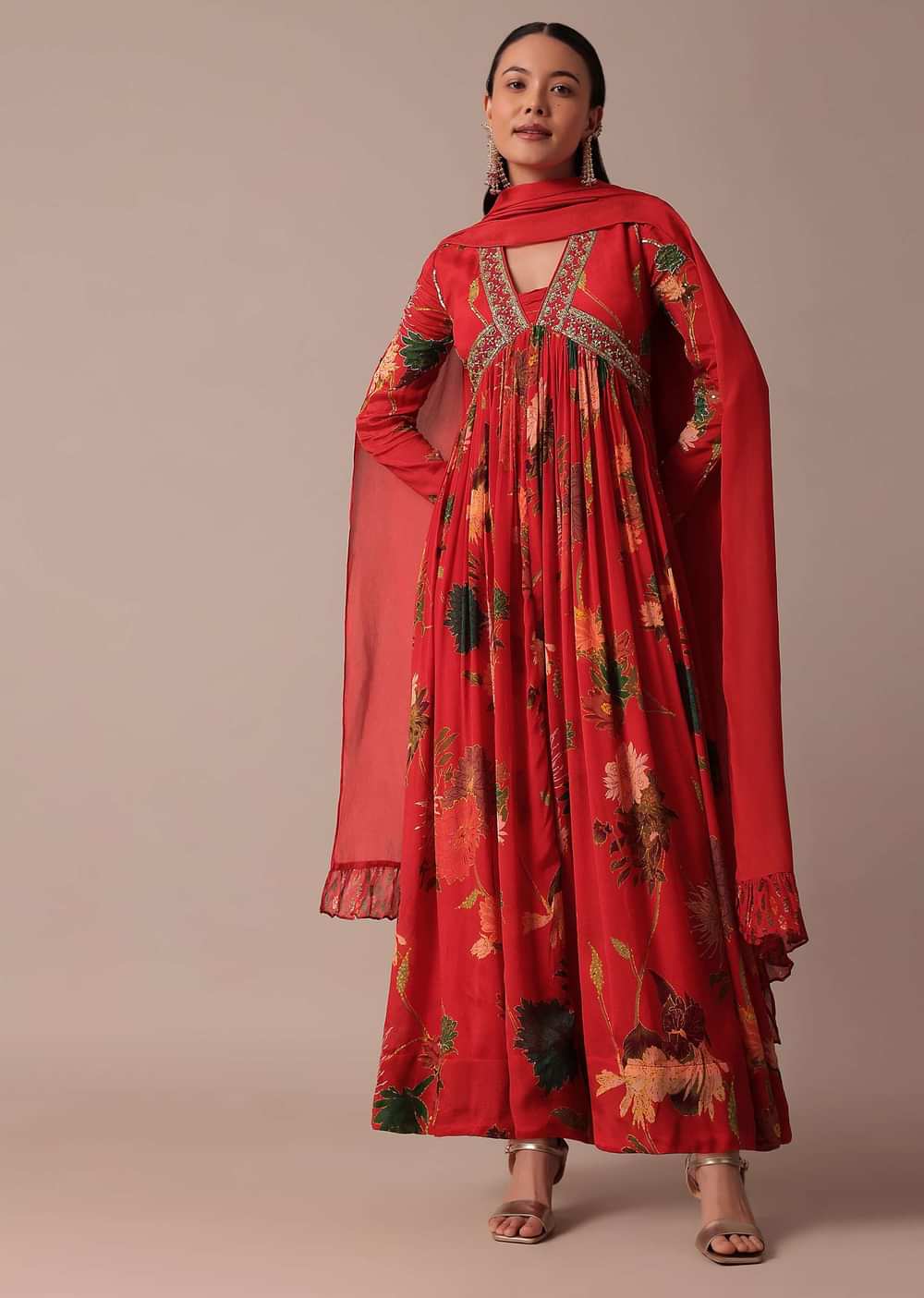 Red Chiffon Embroidered Anarkali With Dupatta