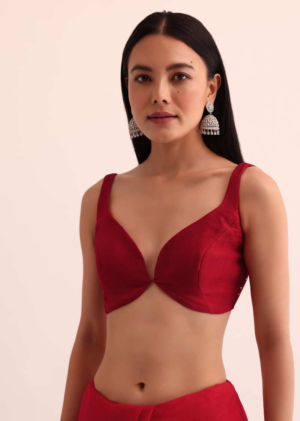 Red Chinon Silk Saree With Cut Dana Embroidery And Unstitched Blouse