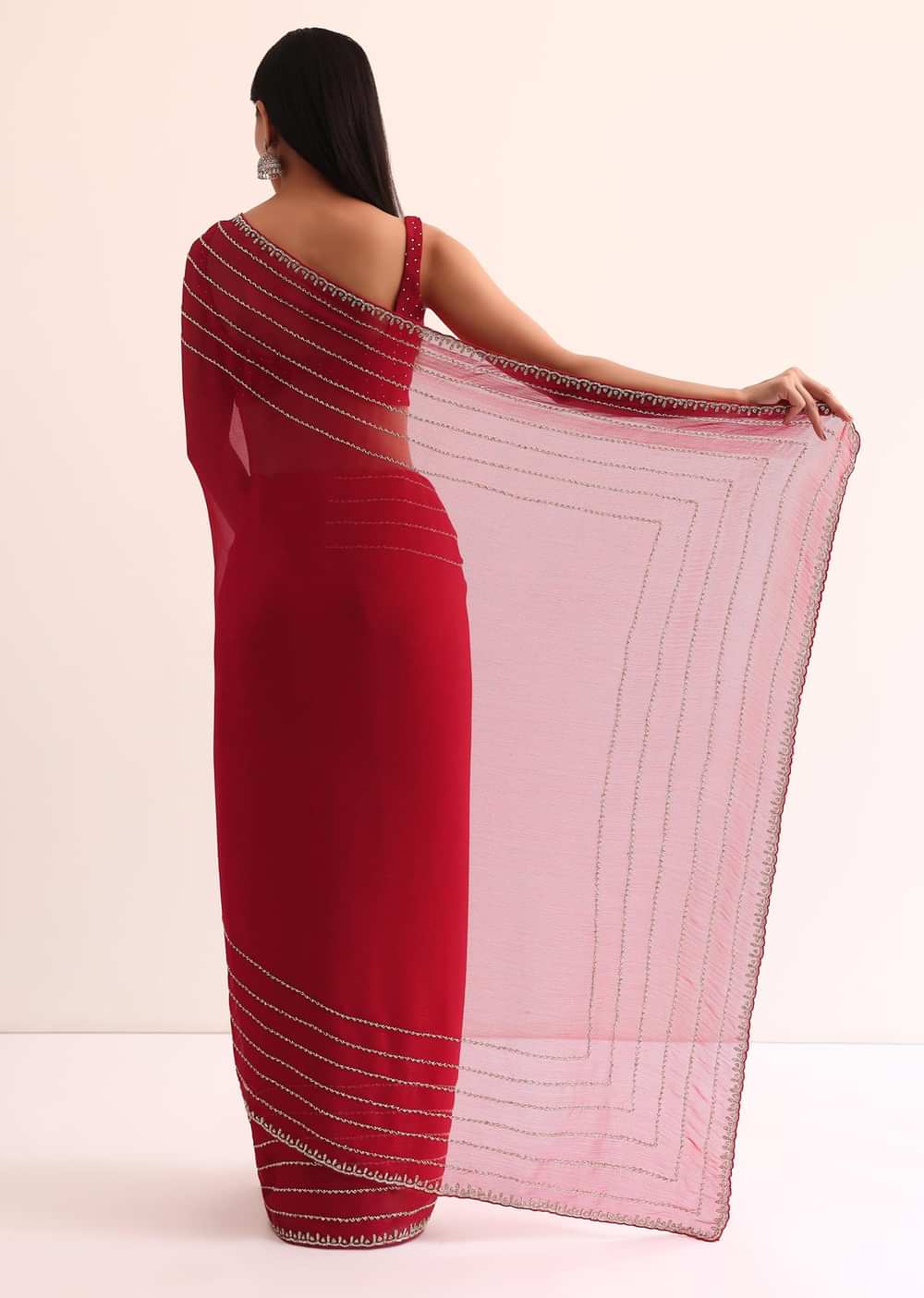 Red Chinon Silk Saree With Cut Dana Embroidery And Unstitched Blouse