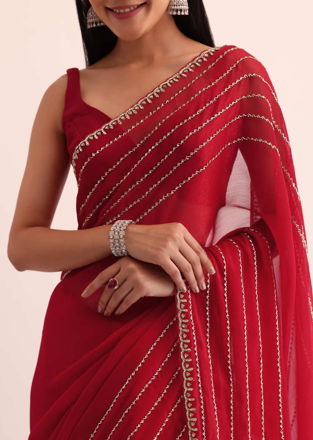 Red Chinon Silk Saree With Cut Dana Embroidery And Unstitched Blouse
