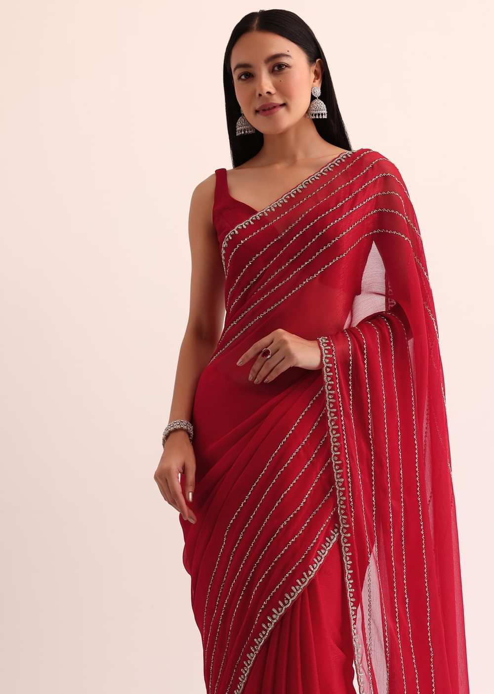 Red Chinon Silk Saree With Cut Dana Embroidery And Unstitched Blouse