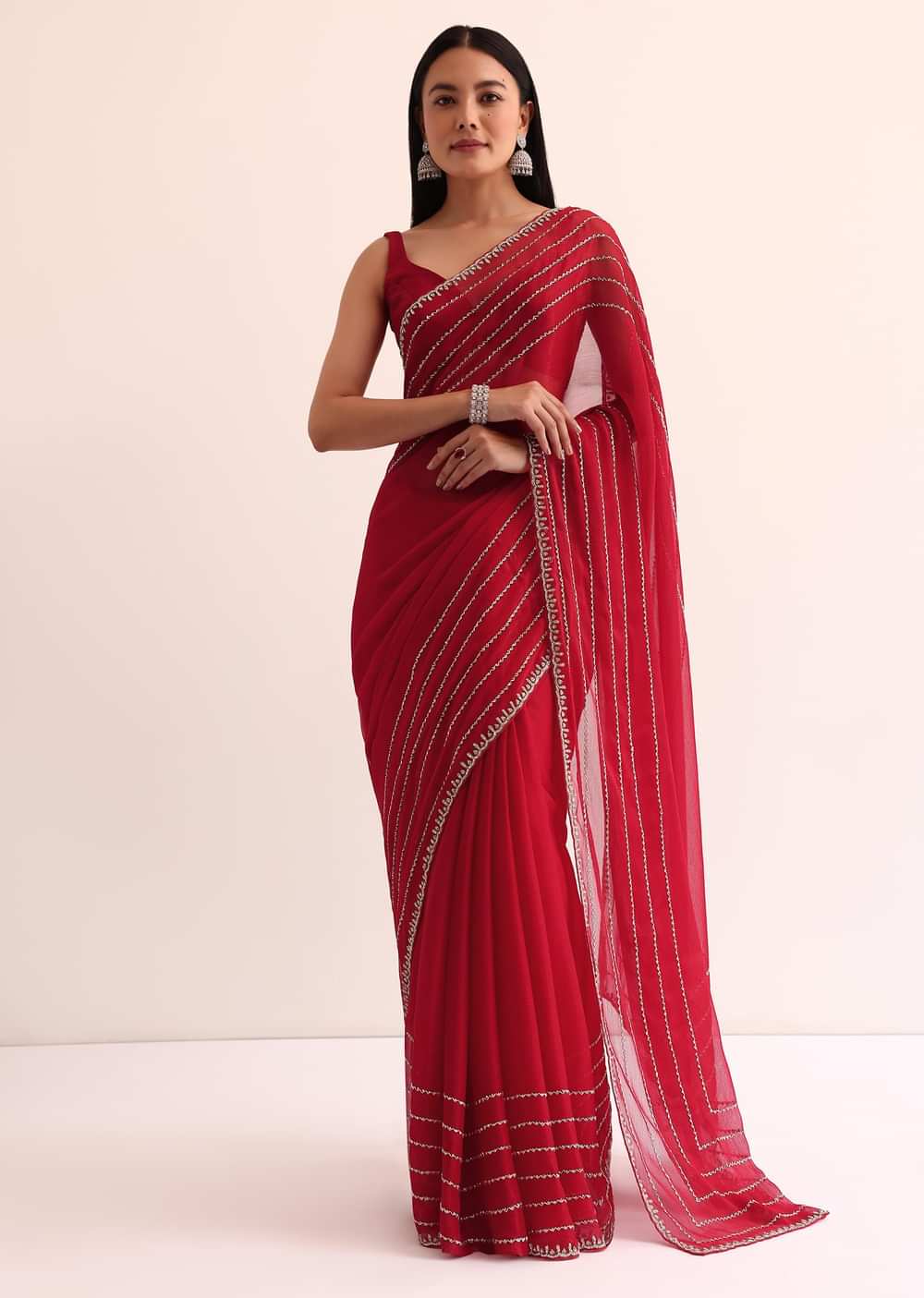 Red Chinon Silk Saree With Cut Dana Embroidery And Unstitched Blouse