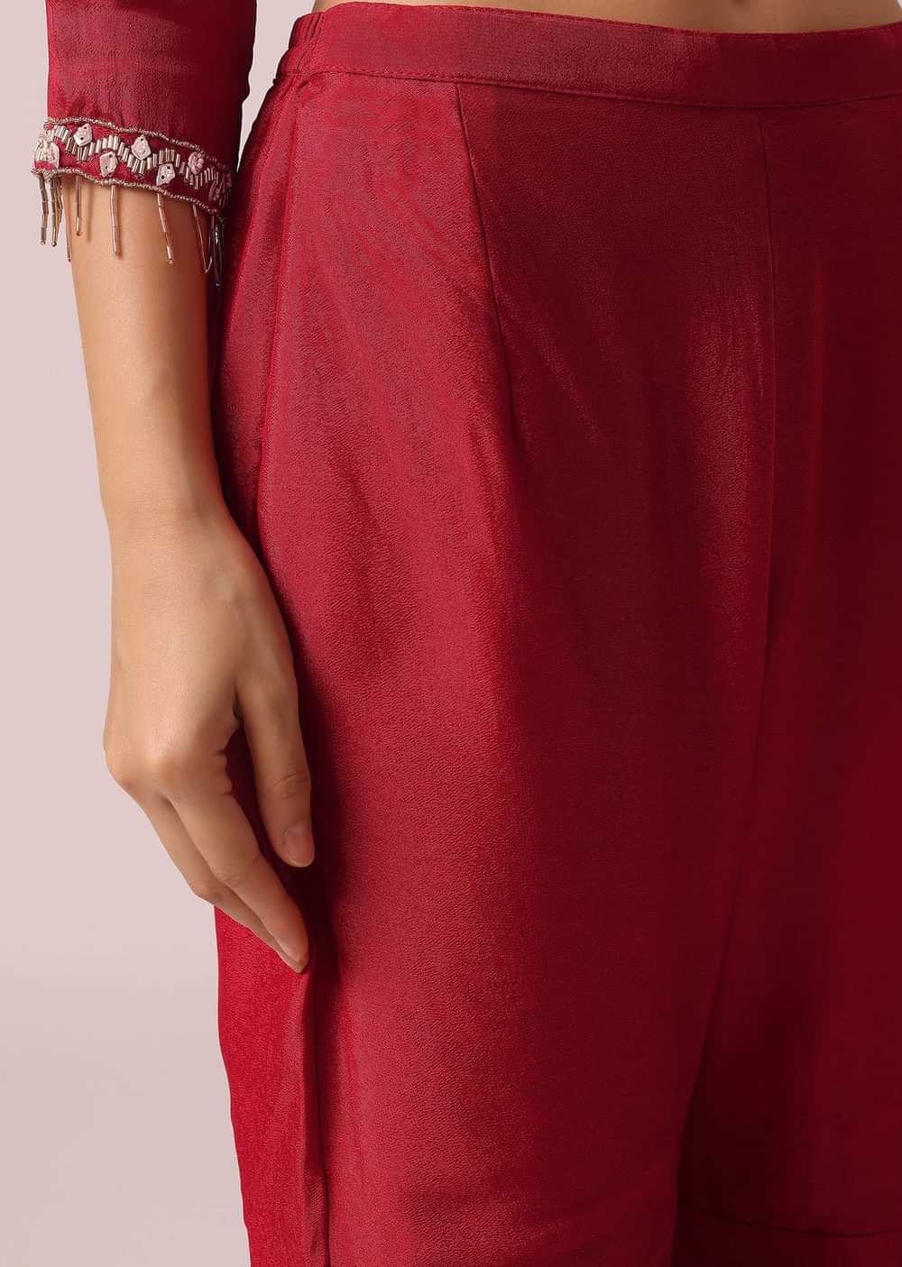 Red Colorblock Kurta And Layered Sharara Set