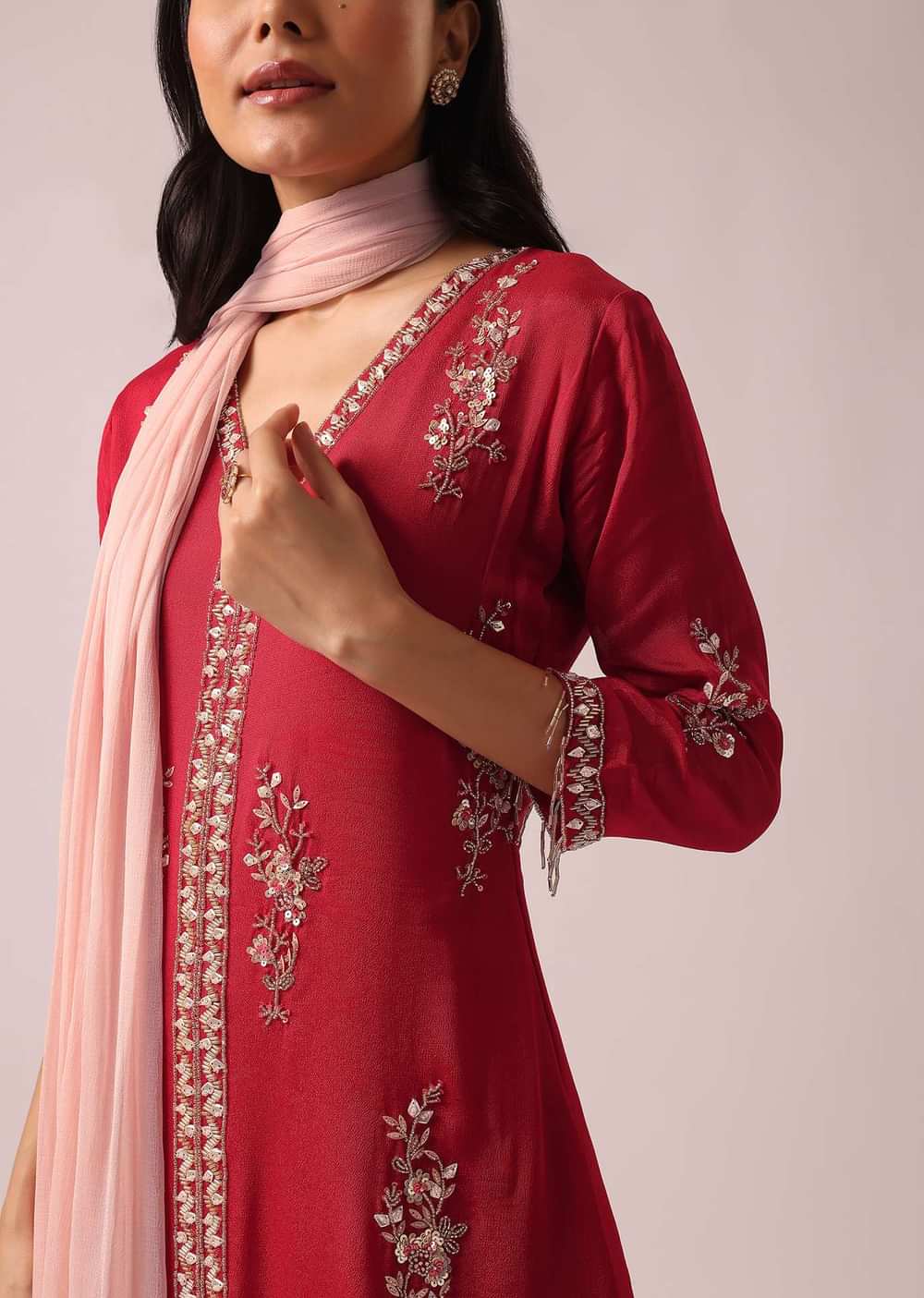 Red Colorblock Kurta And Layered Sharara Set