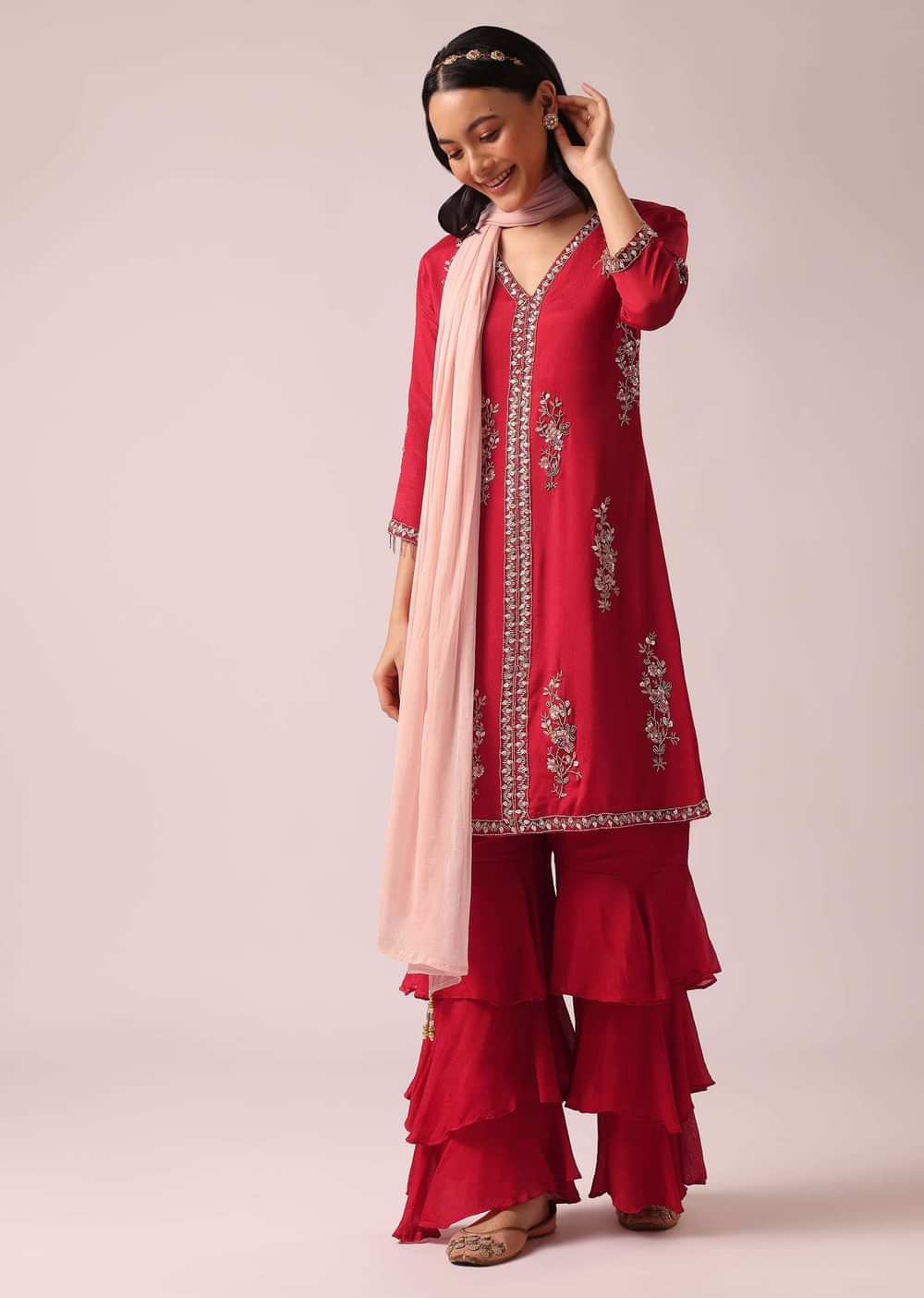 Red Colorblock Kurta And Layered Sharara Set