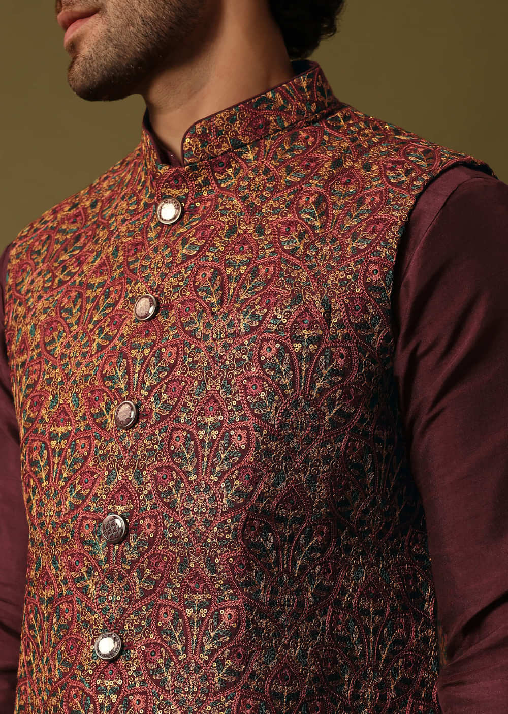 Red Cotton Kurta Jacket Set With Resham Work For Men
