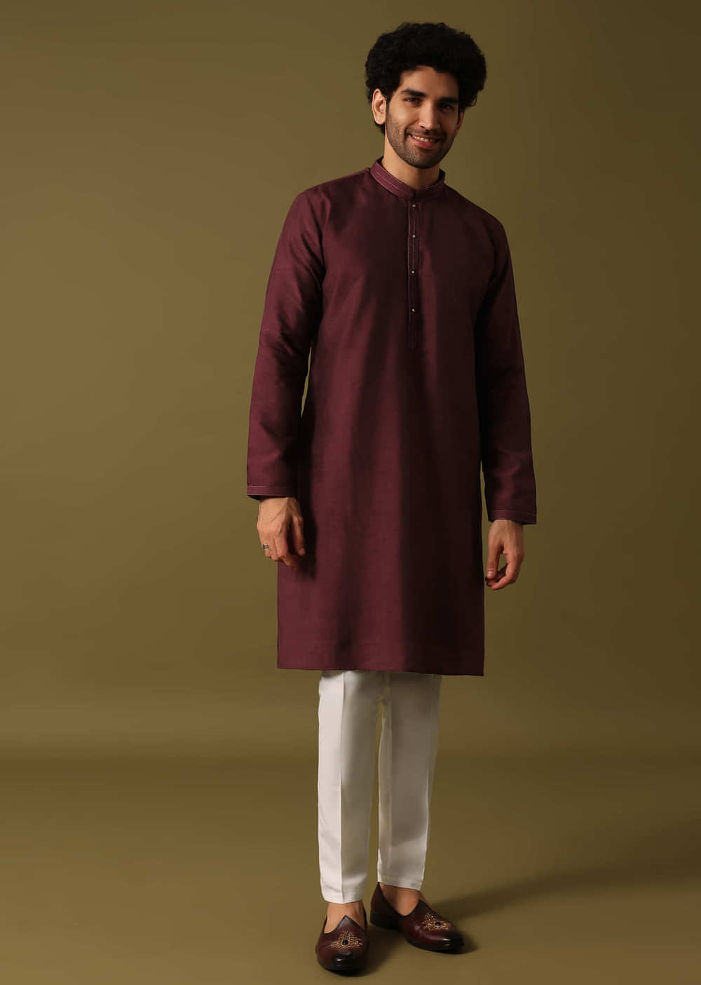 Red Cotton Kurta Jacket Set With Resham Work For Men