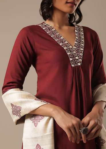 Red Cotton Pant Set With Foil Work