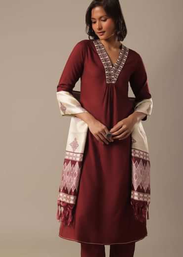 Red Cotton Pant Set With Foil Work