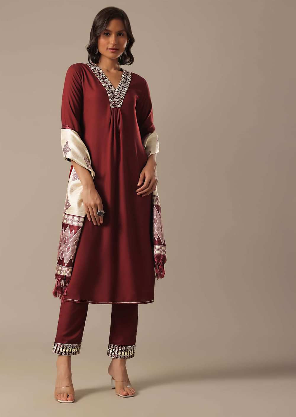Red Cotton Pant Set With Foil Work