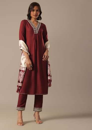 Red Cotton Pant Set With Foil Work