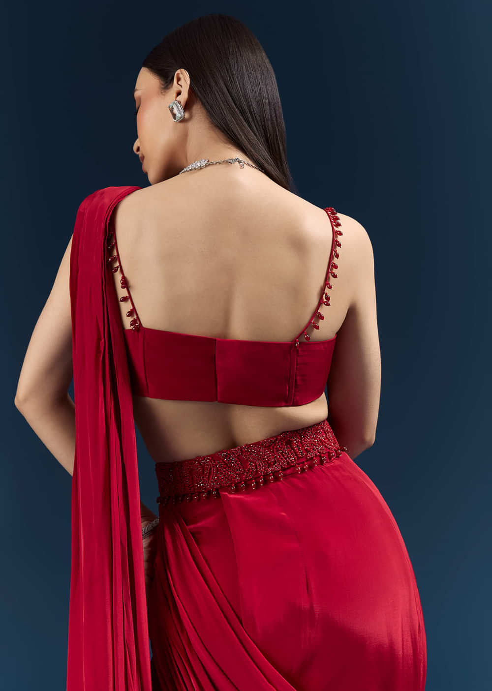 Red Crepe Ready Pleated Saree With Heavy Embroidery